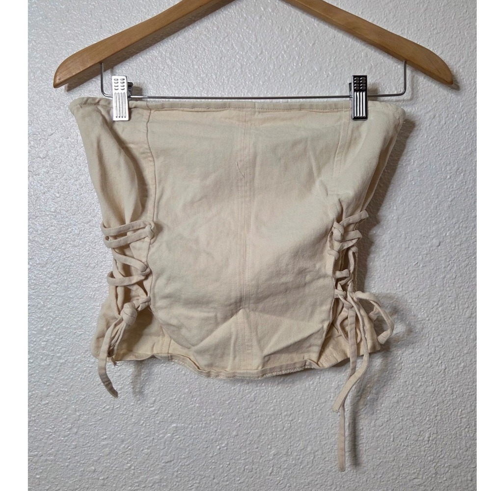 Lace Up Smocked Corset Top Large Cream Cotton Y2K Western Festival Coquette
